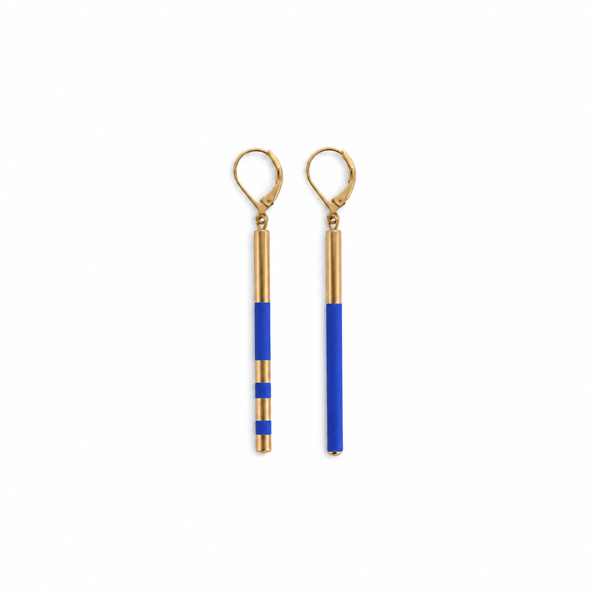 Judith Benita Savoy asymmetrical graphic earrings in 24-karat recycled gold-gilded brass and electric blue lacquer handmade in Paris