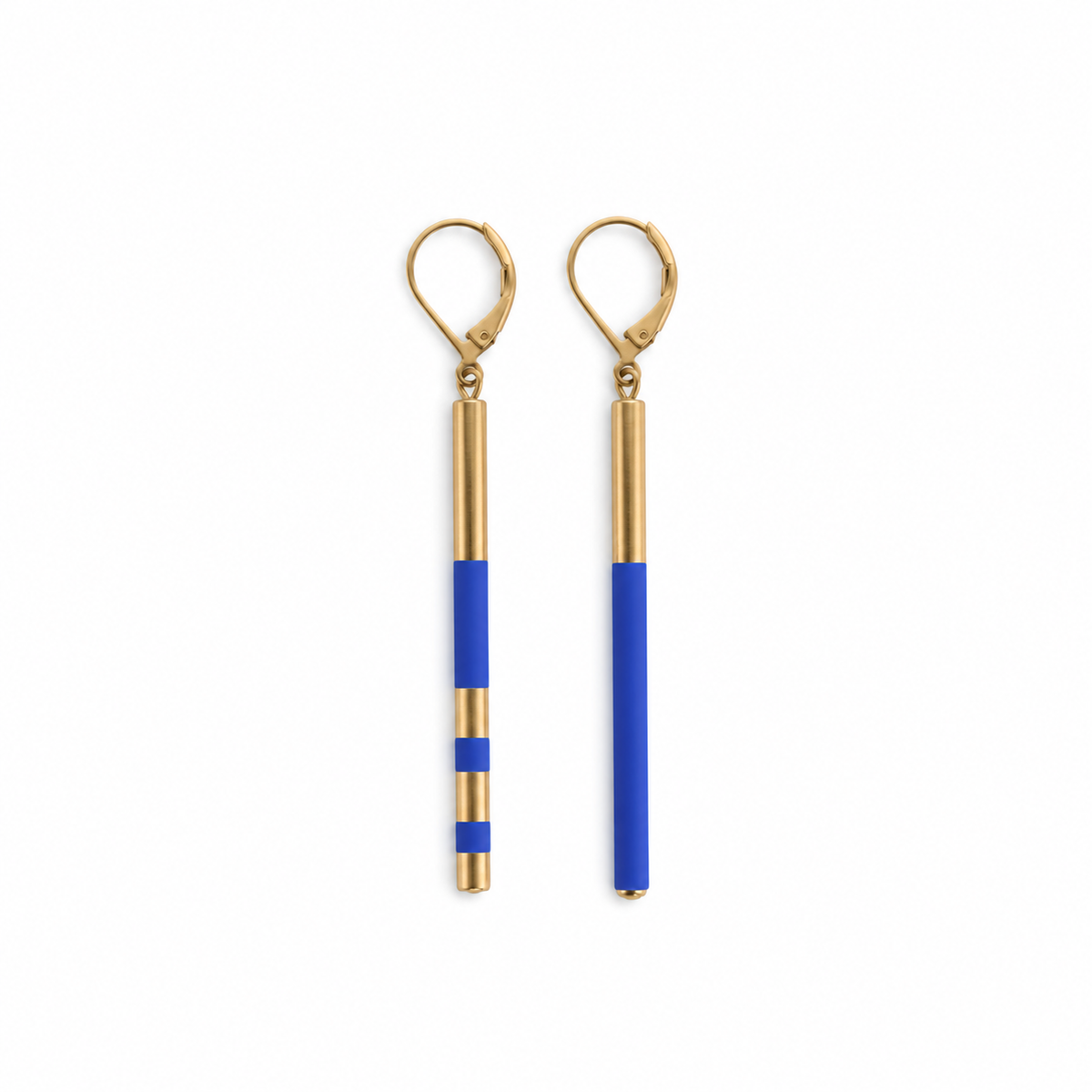 Judith Benita Savoy asymmetrical graphic earrings in 24-karat recycled gold-gilded brass and electric blue lacquer handmade in Paris