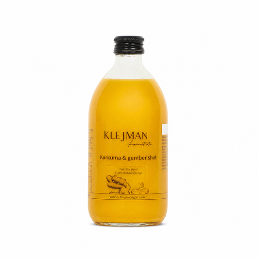 Klejman2 Turmeric Ginger Shot organic wellness elixir cold-pressed raw ginger root turmeric lemon immunity booster unpasteurized Poland contemporary minimalist modern apothecary design packaging Dear Johny