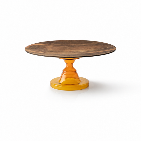 knIndustrie Rubin glass stand footed serving platter amber borosilicate glass natural acacia wood Italy Lara Caffi contemporary minimalist modern cake stand tableware Dear Johny