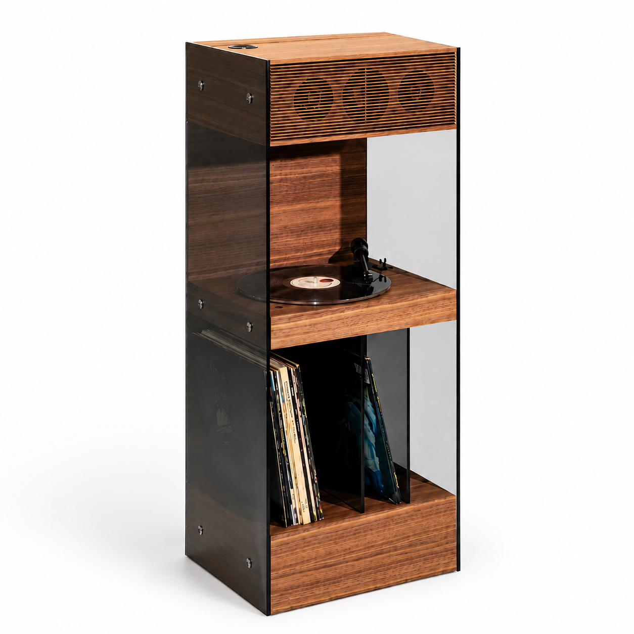 La Boite concept PR ALTA audio cabinet walnut wood smoked glass three tiered monolith integrated turntable vinyl storage HiFi system Dear Johny
