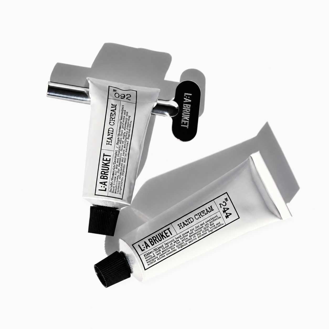 L:a Bruket Hand Cream Key Set natural skincare bundle containing two organic hand creams and metal tube squeezer key made in Sweden Dear Johny