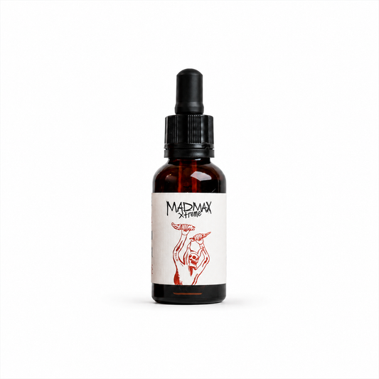 Madmax Xtreme spicy olive oil droplet bottle with pouring spout and custom stain free oil repellent paper label Dear Johny