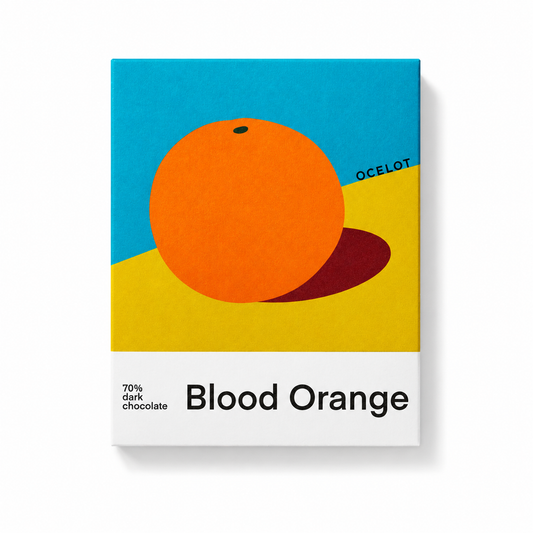 Ocelot Chocolate Blood Orange 3 star award winning dark chocolate organic vegan bar featuring graphic packaging and Golden Fork nominations specialty confectionery made in Scotland UK Dear Johny