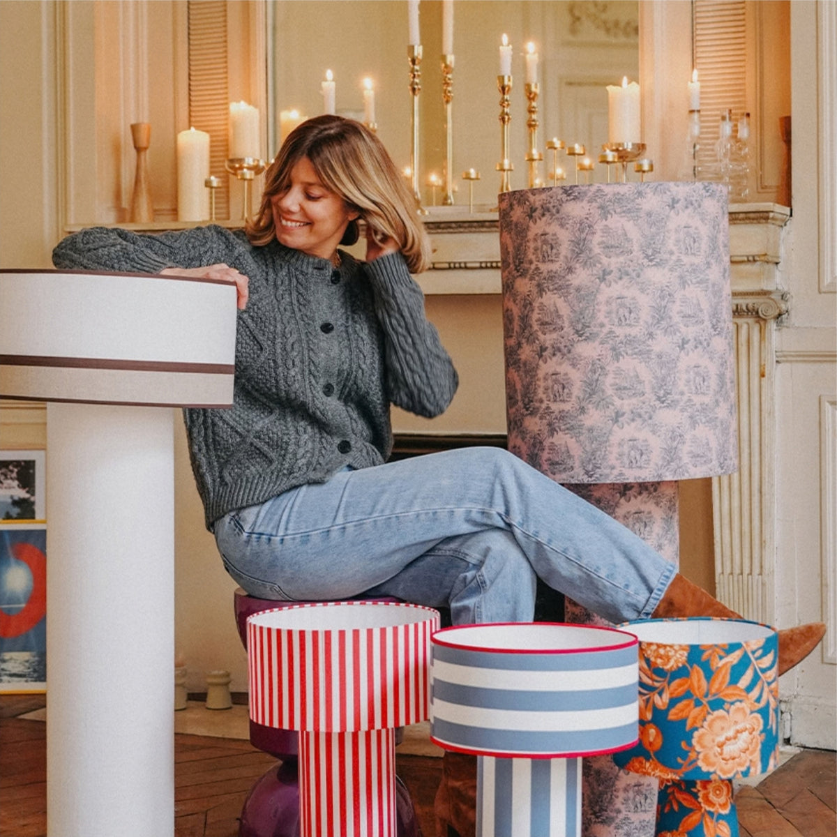 Octaveo table lamp completely covered in blue and white striped fabric by My Léone, handcrafted in Brittany France for graphic luxury interior lighting