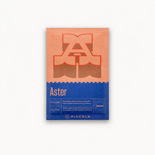 Piccolo Seeds A for Aster botanical alphabet seed packet designed by The6th Milan sustainable packaging from tomato waste Conegliano Venice Italy design studio Dear Johny