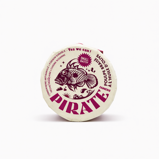 Pirate Cannerie braised octopus tentacle beechwood smoked and candied in extra virgin olive oil artisan French Atlantic seafood canned tapas Dear Johny