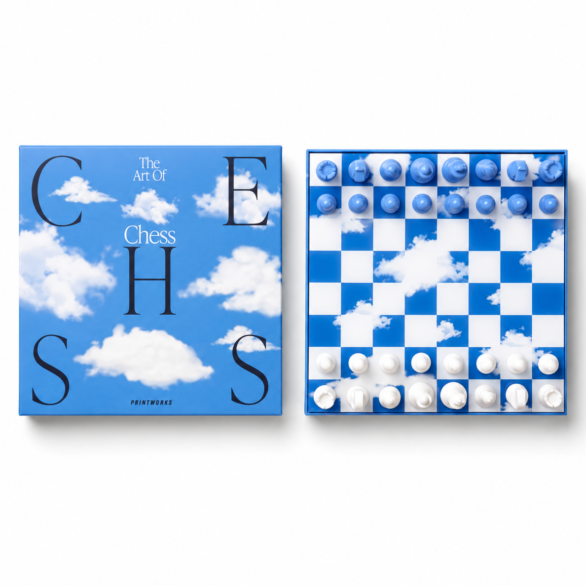 Printworks Market Chess Clouds board game with contemporary pastel blue cloud print board and custom wooden chess pieces Dear Johny