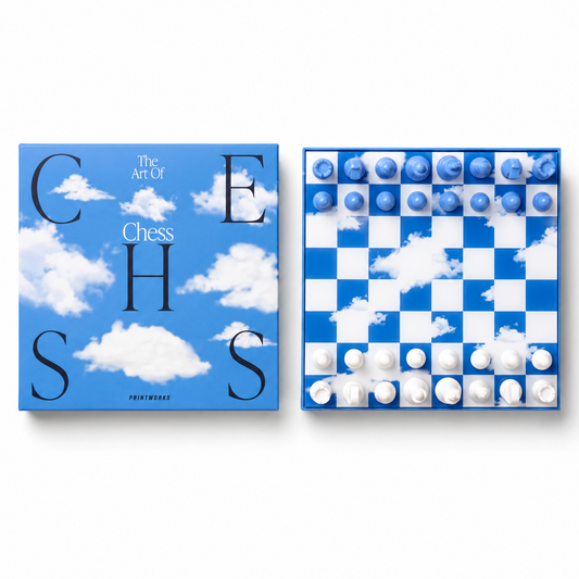 Printworks Market Chess Clouds board game with contemporary pastel blue cloud print board and custom wooden chess pieces Dear Johny