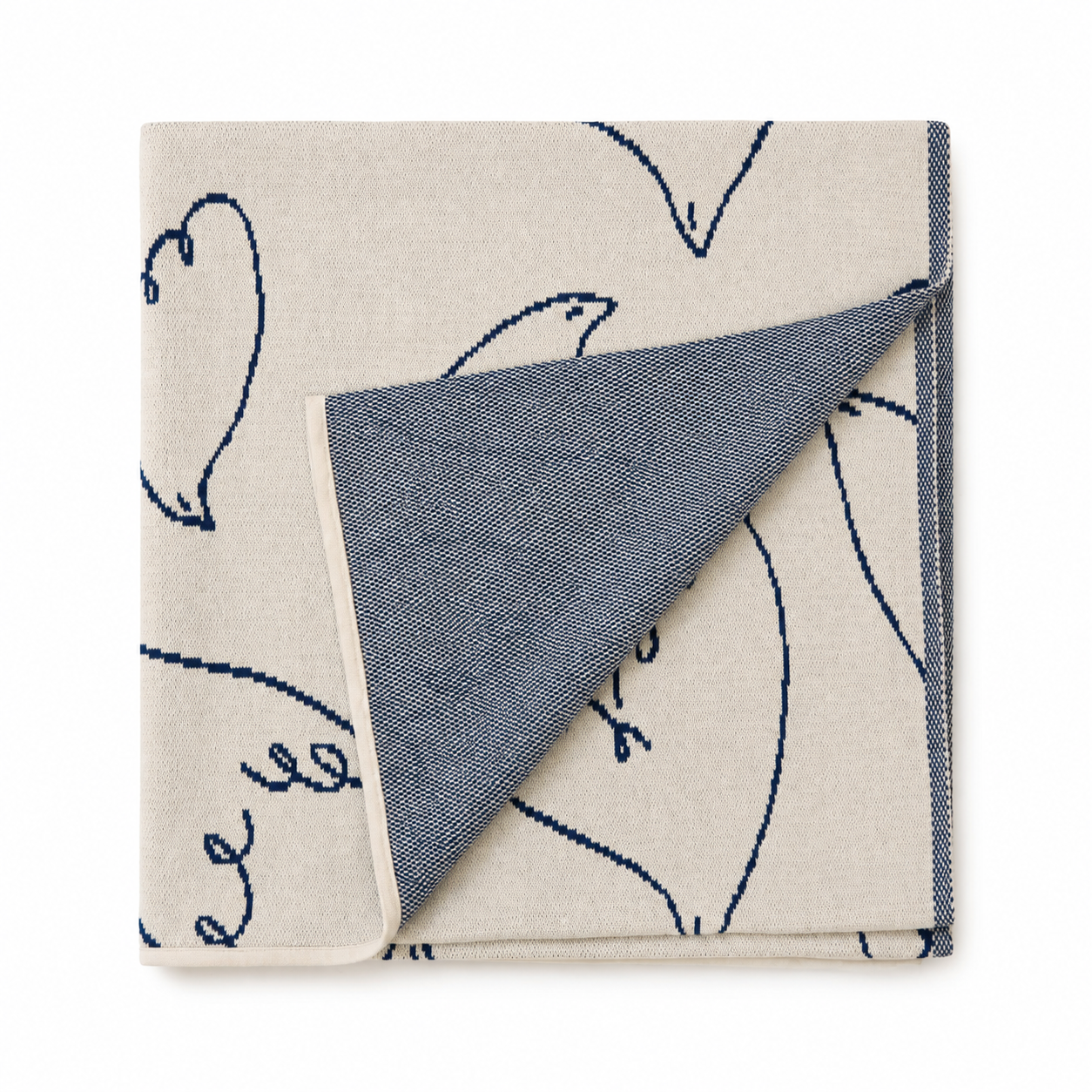 Season Paper Plaid Imagine heavyweight Jacquard 100% cotton knit throw blanket featuring blue bird motif on ivory base made in France Dear Johny