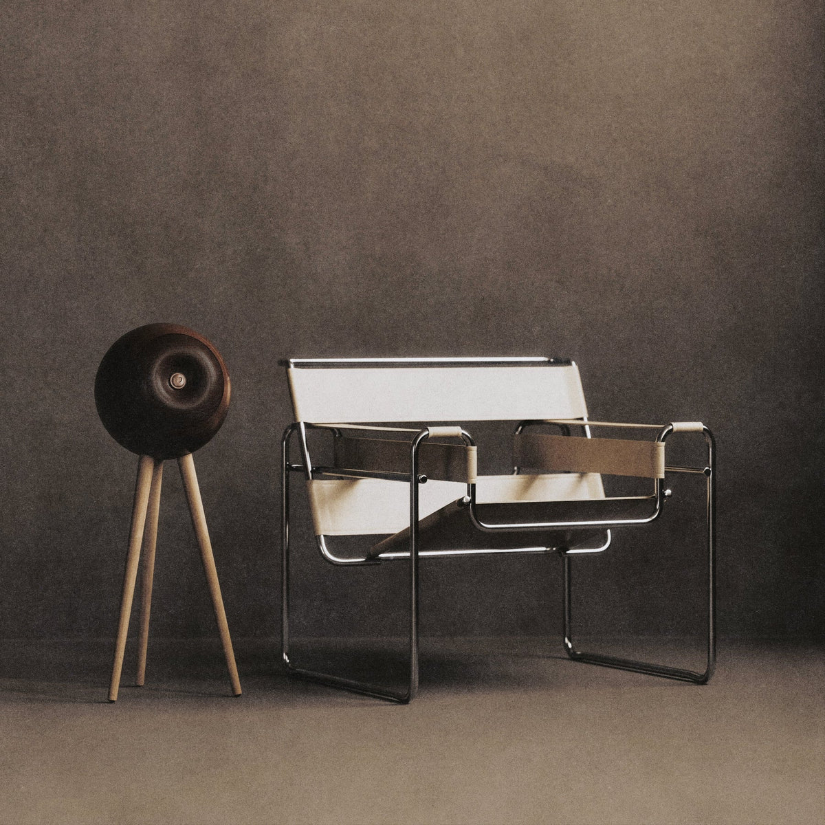 Vooma Bubble One 140W active spherical Bluetooth speaker in high-gloss groove brown with wooden tripod legs, inspired by 60s 70s Space Age Italian interior design