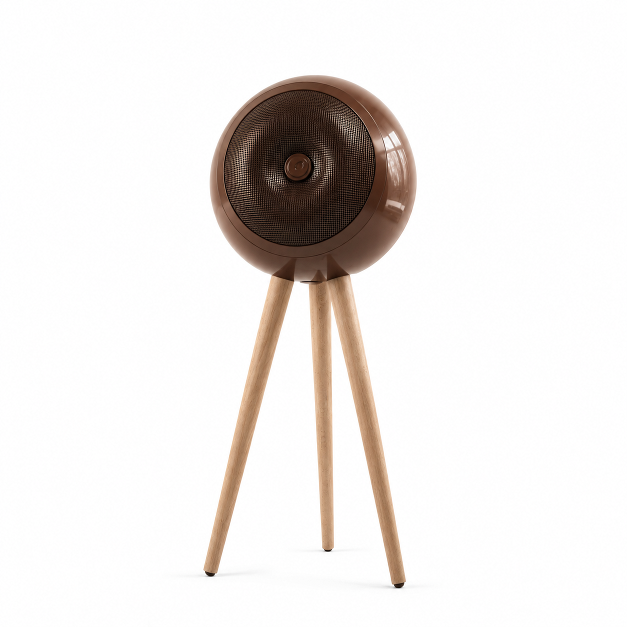 Vooma Bubble One 140W active spherical Bluetooth speaker in high-gloss groove brown with wooden tripod legs, inspired by 60s 70s Space Age Italian interior design