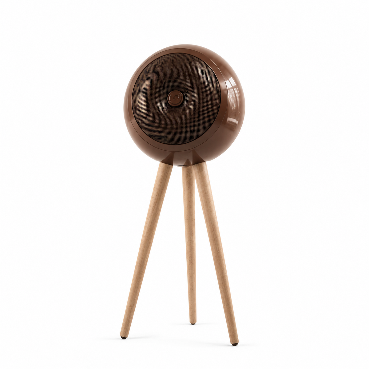 Vooma Bubble One 140W active spherical Bluetooth speaker in high-gloss groove brown with wooden tripod legs, inspired by 60s 70s Space Age Italian interior design