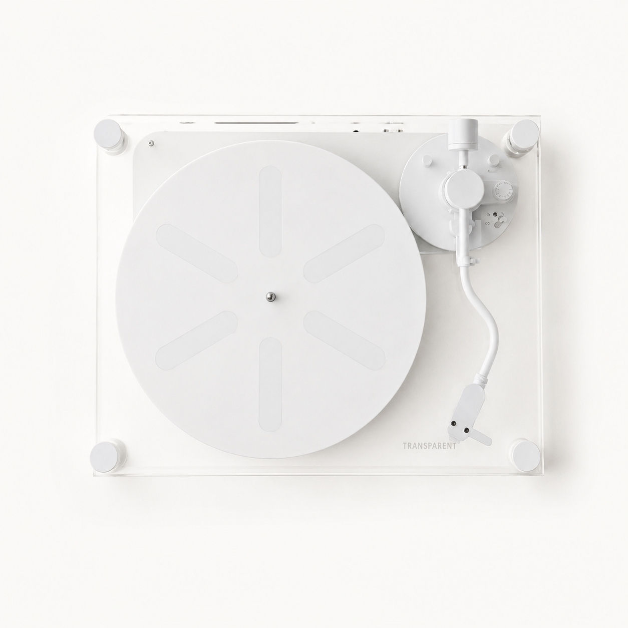Transparent Turntable in white minimalist see through record player crafted in solid aluminum and glass Stockholm Sweden design studio Dear Johny