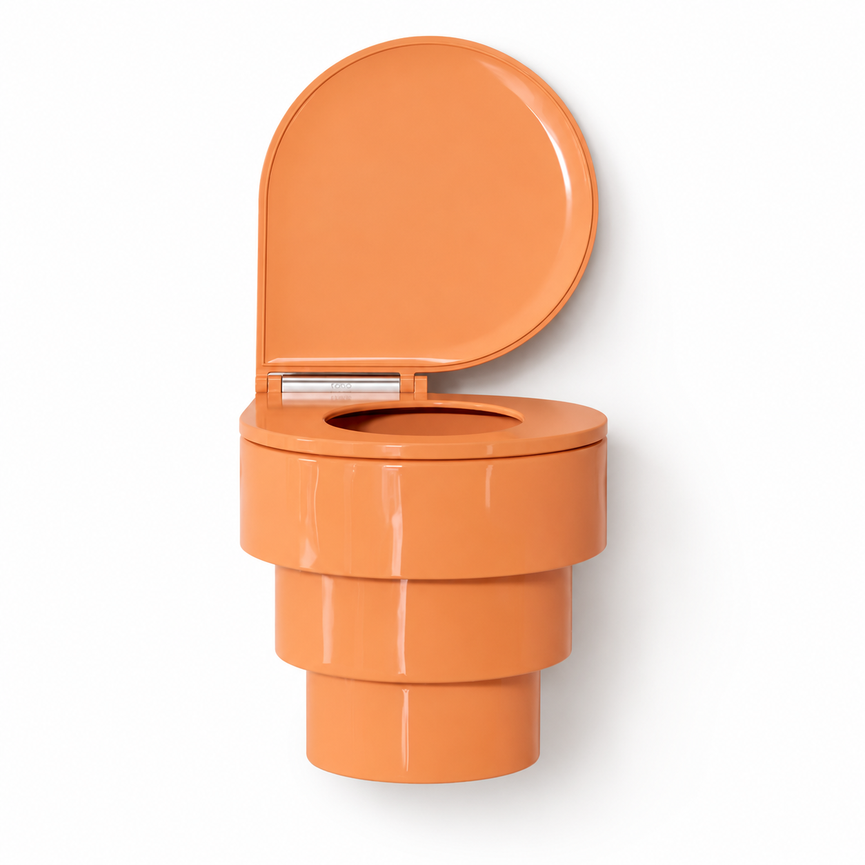 Sculptural 100% ceramic rimless wall-mounted toilet by Trone in a Wes Anderson inspired color palette of pastel pink, blue, peach, orange and terracotta