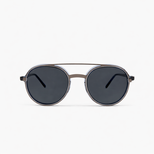 Wolfin Eyewear Andy Transparent Blue Sunglasses with gunmetal details. Premium acetate frames with ergonomic bridge and tinted lenses. Timeless Belgian design style, made in Italy.